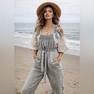 Innika Choo Smocked Bib Linen Overalls Jumpsuit O/S Boho Coastal Cottagecore